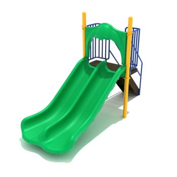 4-feet Double Free Standing Slide in Primary Green with Sunglow Yellow and Pacific Blue Posts